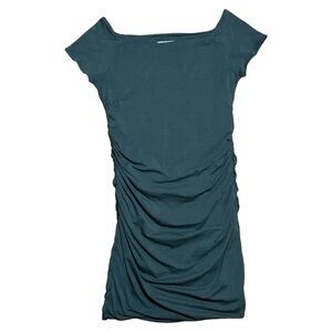 Boden off shoulder Ruched Fitted Dress in Smoky Green Sz 14